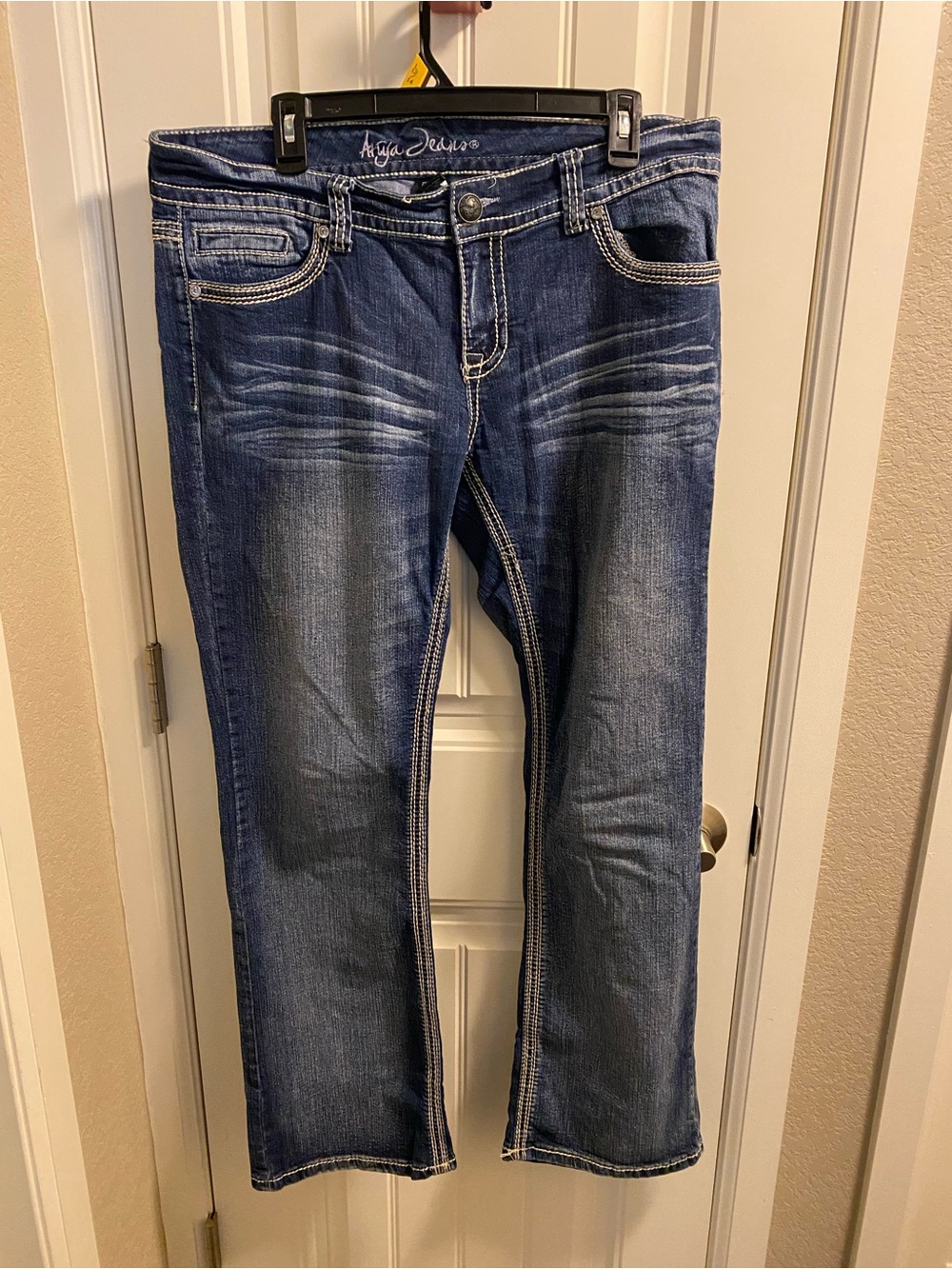Ariya Jeans 15 16 Boot Cut Stretch Blue Denim Bling Missing Pocket Button